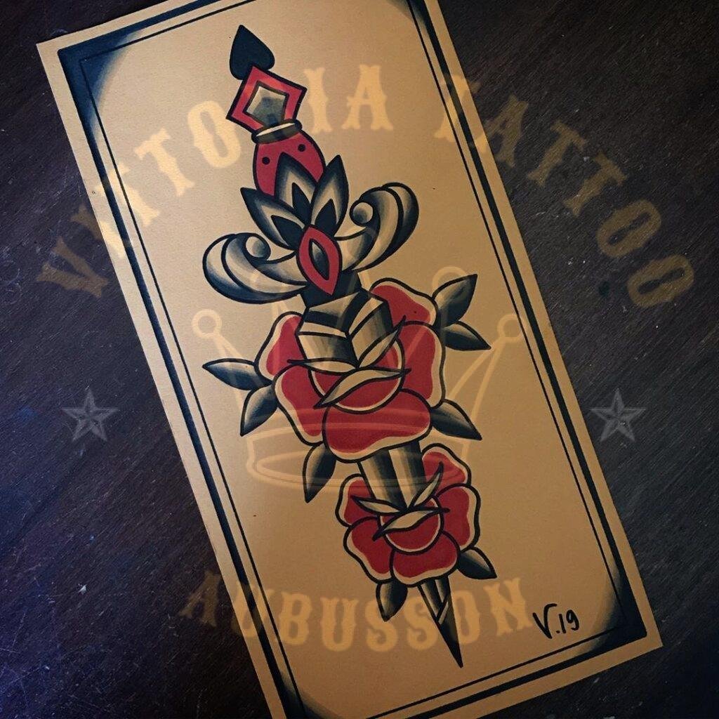flash tattoo old school couleur – dague et roses – vittoriatattoo