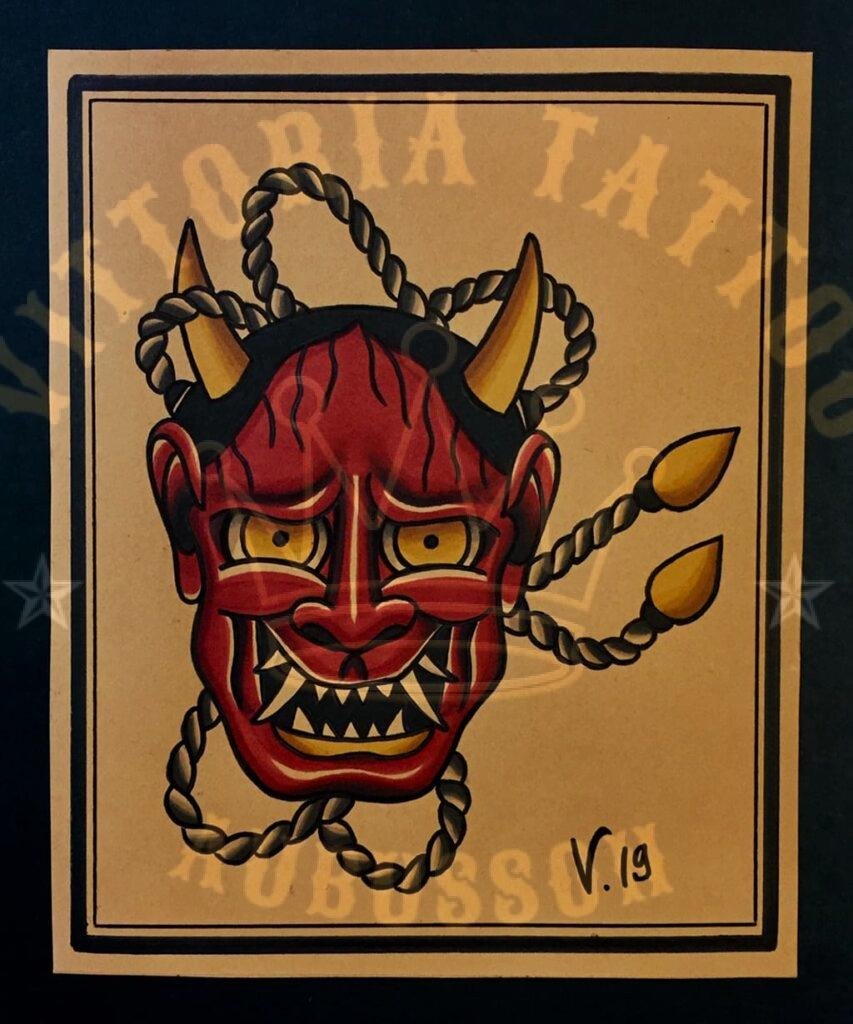 flash tattoo masque hannya old school couleur – cordes et flammes – vittoriatattoo