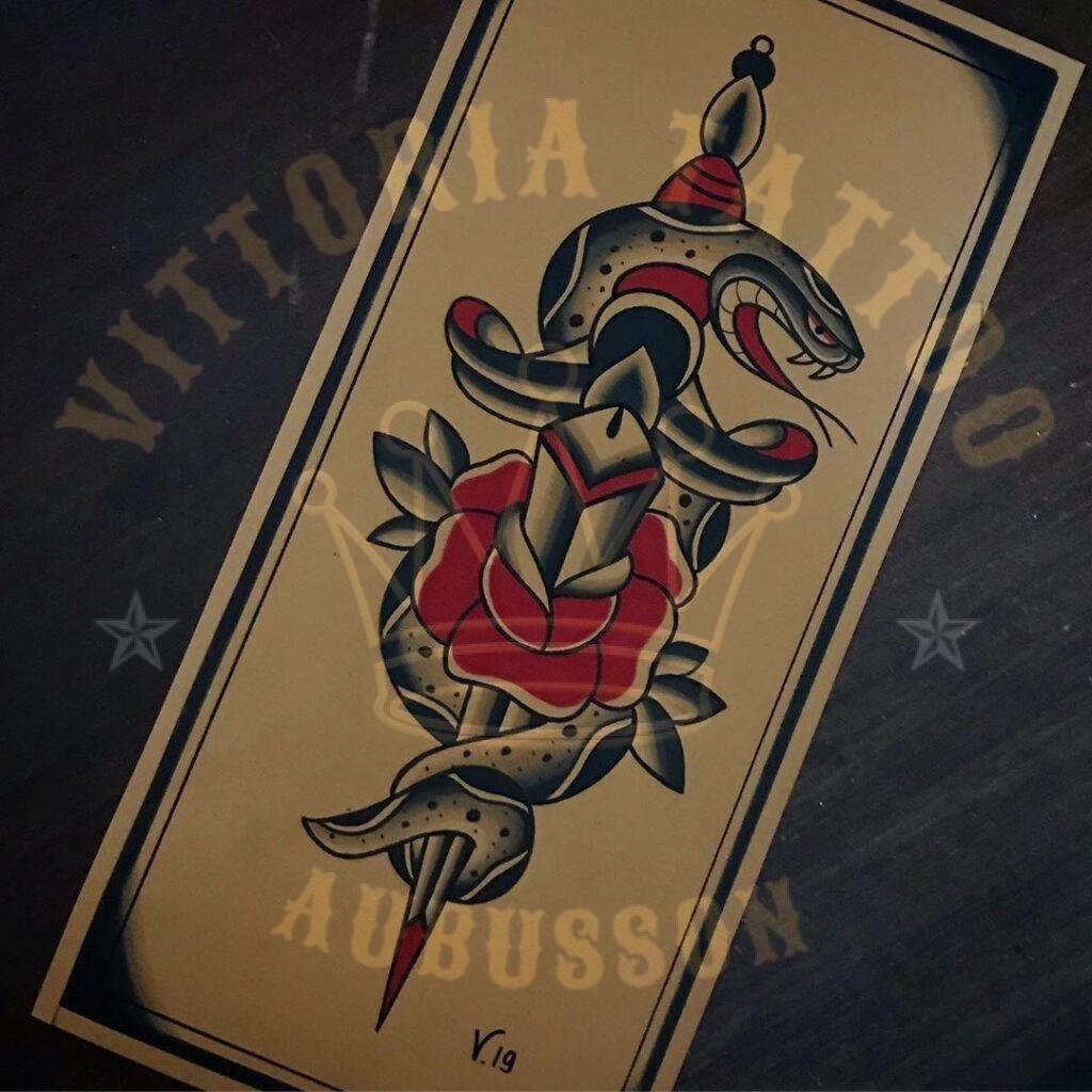 flash tattoo old school couleur – serpent, dague et rose – vittoriatattoo