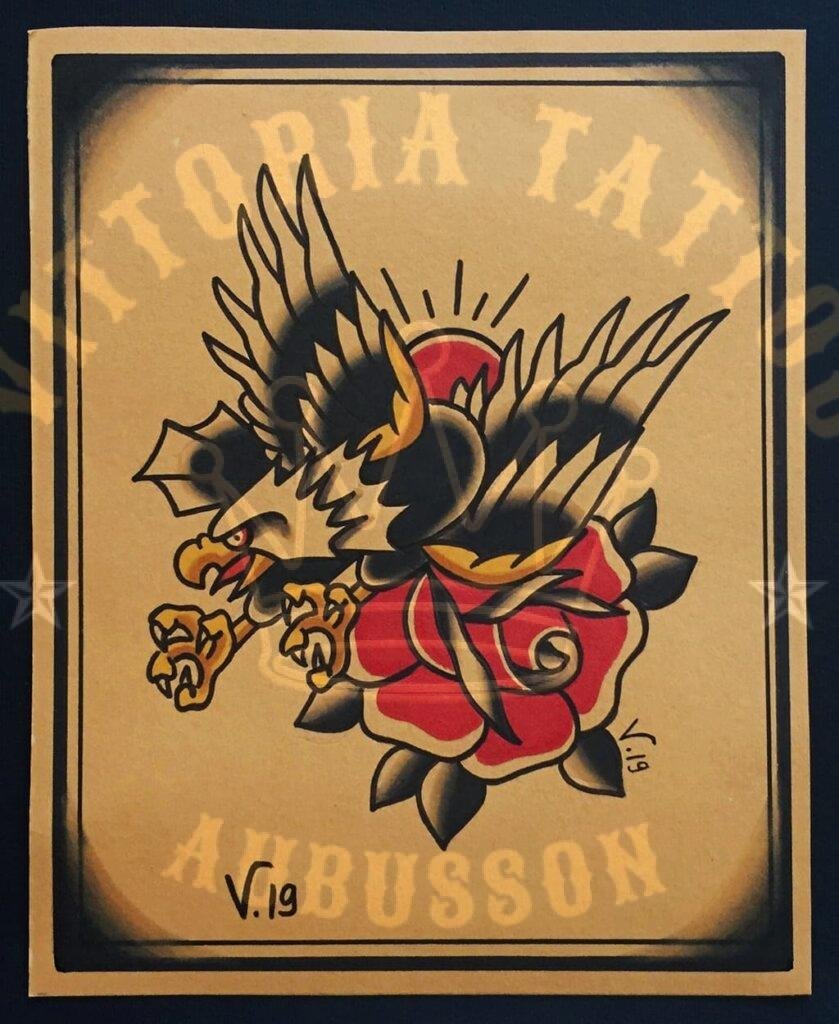 flash tattoo old school couleur – aigle et rose – vittoriatatto
