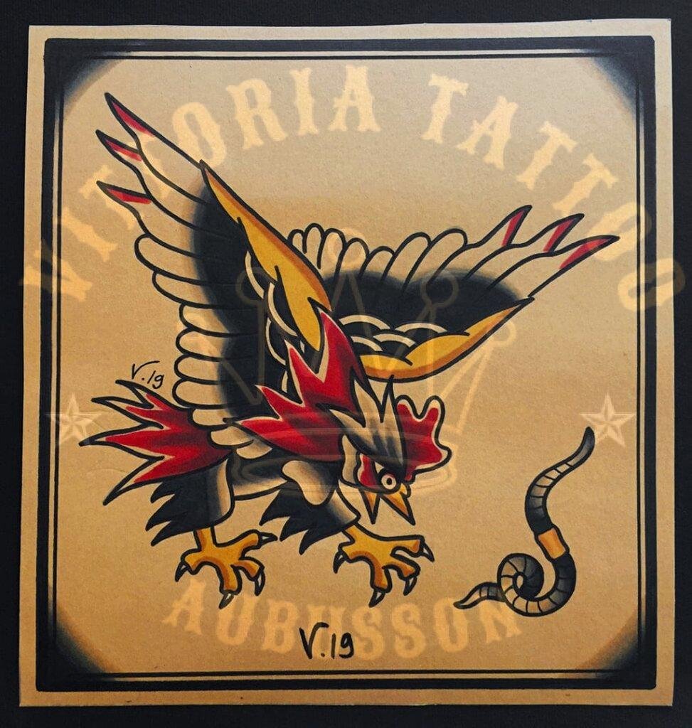 flash tattoo old school couleur – coq en combat et serpent – vittoriatattoo