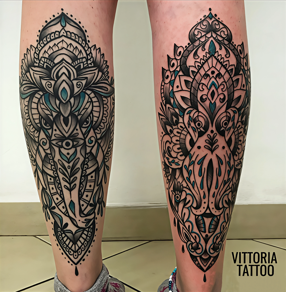Ornemental éléphant et octopus tattoo, réalisé par vittoriatattoo salon de tatouage en creuse