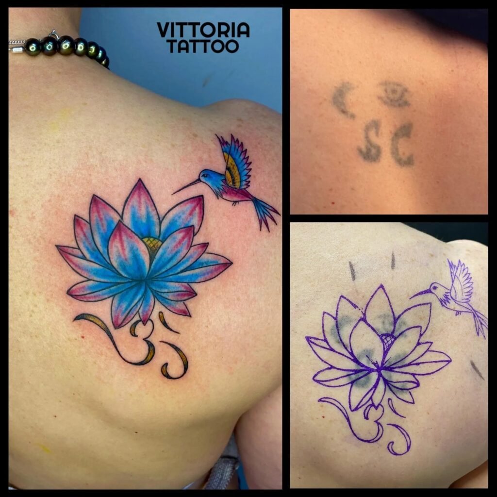 Cover-up d'un ancien tatouage avec une fleur de lotus colorée et un colibri réalisé sur l arriére de l'épaule par Vittoria Tattoo.