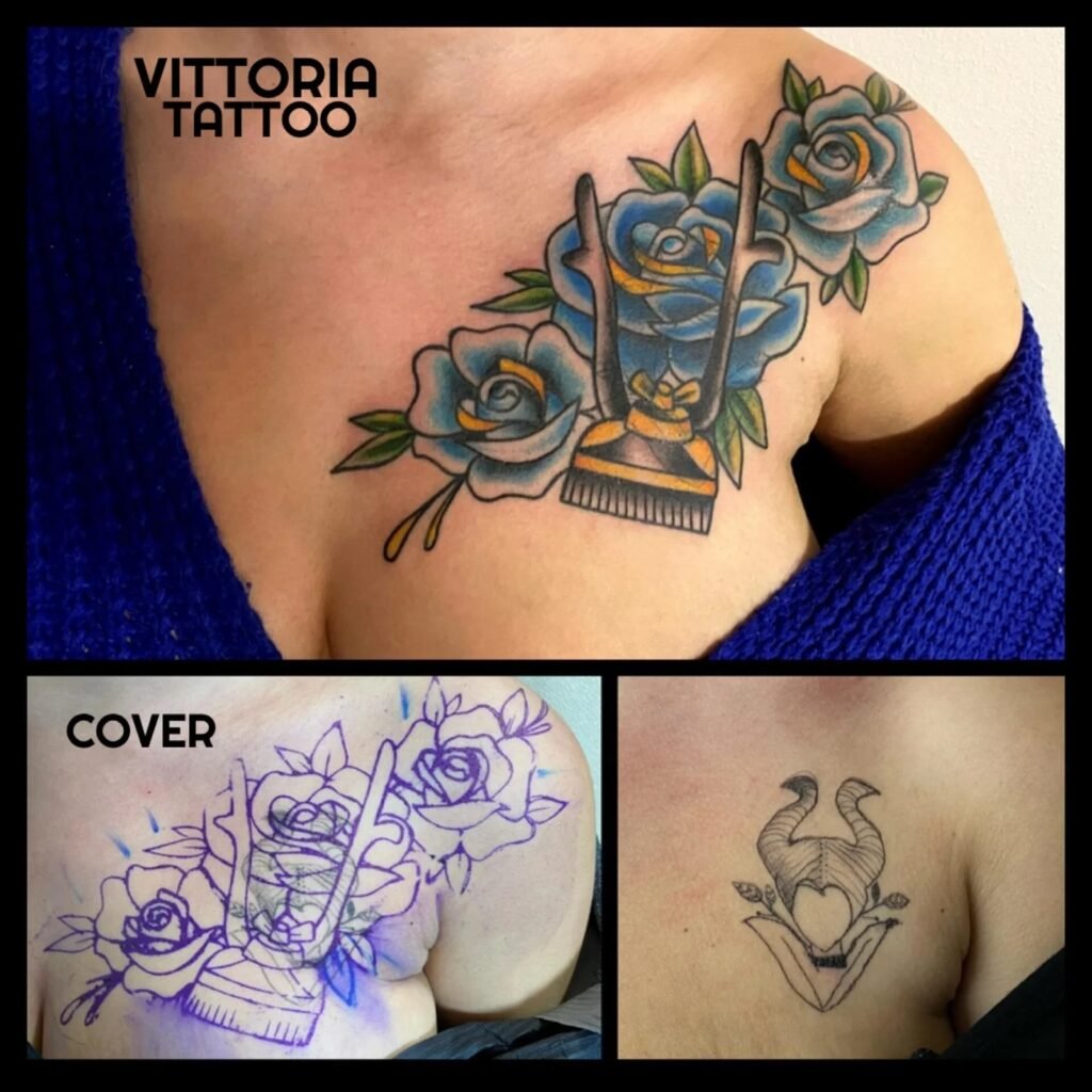 Cover-up représentant une tondeuse de coiffeur entourée de roses bleues de style Old School, réalisé sur le haut de la poitrine par Vittoria Tattoo.