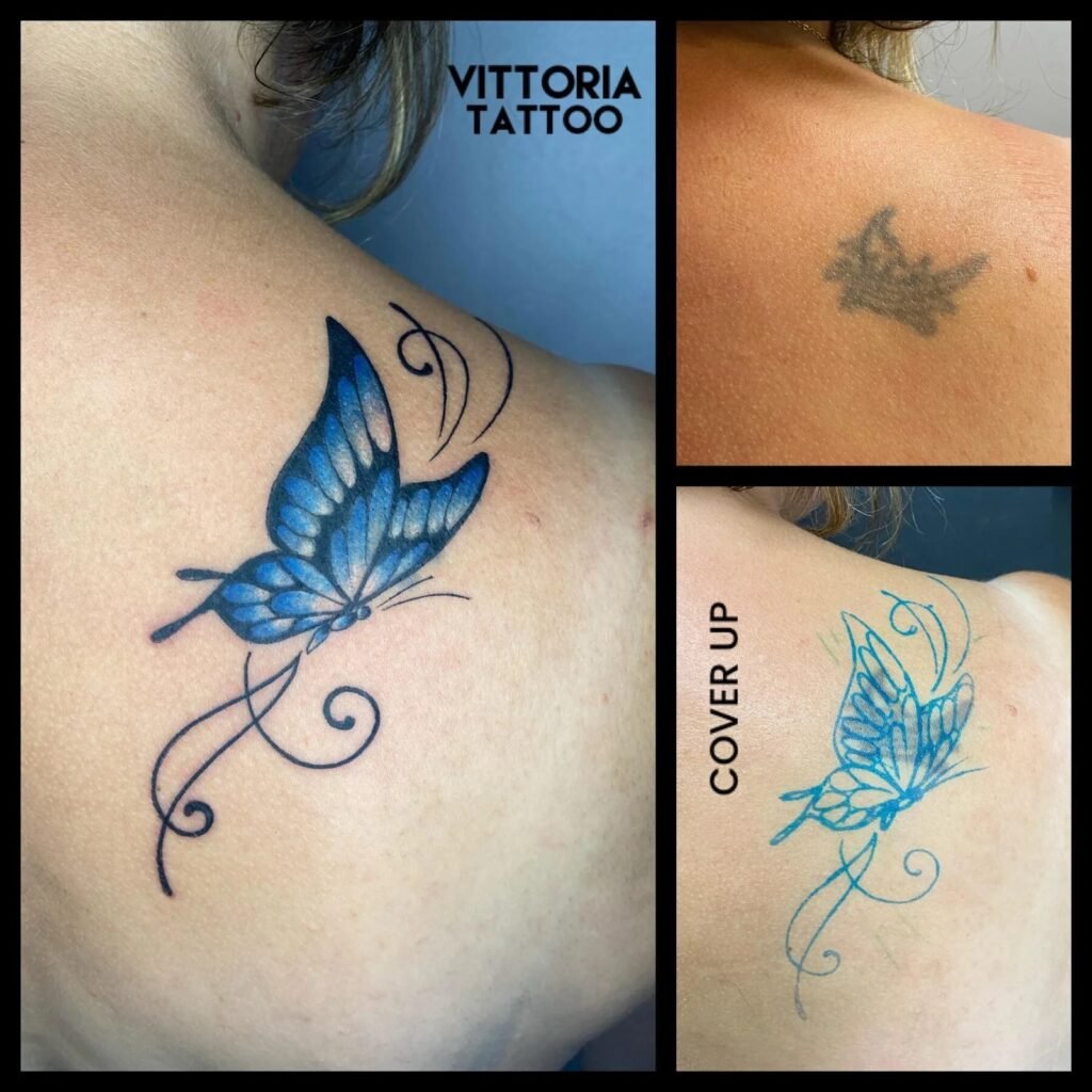 Avant et après d'un cover-up de tatouage réalisé avec un papillon bleu et des arabesques.
