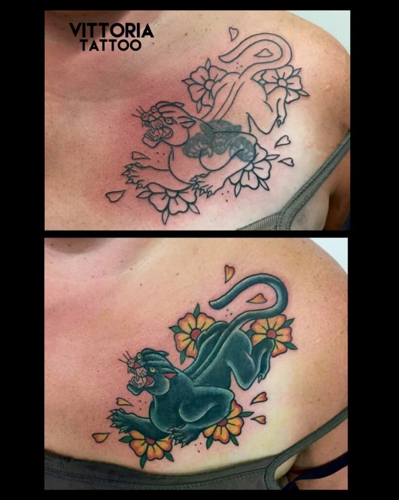 Avant et après d'un cover-up de tatouage réalisé avec une panthère old school entourée de fleurs.