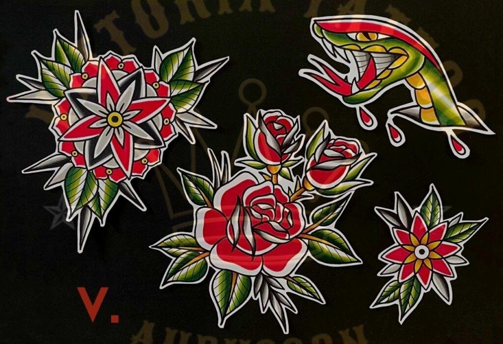 flash tattoo old school couleur – roses, serpent et fleurs – vittoriatattoo