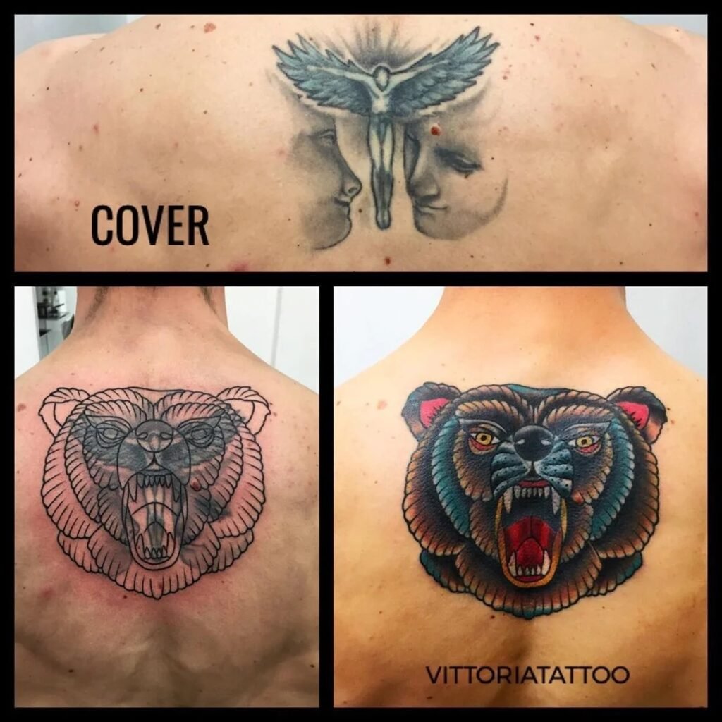 Cover-up transformant un ancien tatouage en une tête d'ours rugissant, réalisé dans le dos par Vittoria Tattoo. Le montage présente l'ancien tatouage, le dessin préparatoire et le résultat final.
