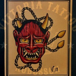 flash tattoo masque hannya old school couleur – cordes et flammes – vittoriatattoo