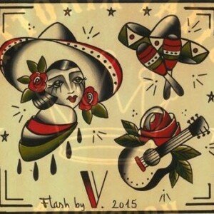 flash tattoo old school couleur – femme mexicaine, guitare et maracas – vittoriatattoo