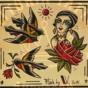 flash tattoo old school couleur – hirondelles, femme et rose – vittoriatattoo