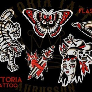 flash tattoo old school couleur – tigre, papillon, cœur et crâne – vittoriatattoo