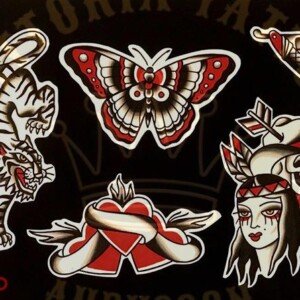 flash tattoo old school couleur – tigre, papillon, crâne et cœur – vittoriatattoo