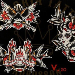flash tattoo old school couleur – aigle, rock n roll et femme fleur – vittoriatattoo