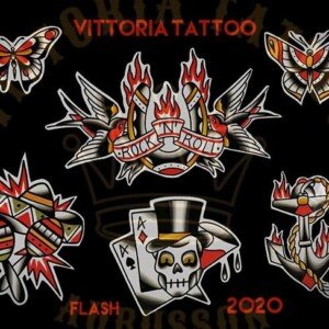 flash tattoo old school couleur – rock n roll, crâne, papillons et ancre – vittoriatattoo