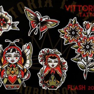 flash tattoo old school couleur – femmes, papillons et fleurs – vittoriatattoo