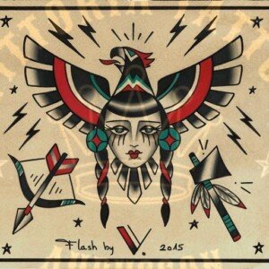 flash tattoo old school couleur – femme amérindienne, aigle et symboles – vittoriatattoo