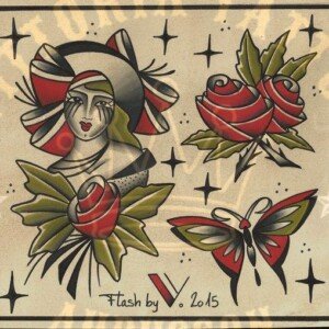 flash tattoo old school couleur – femme, roses et papillon – vittoriatattoo