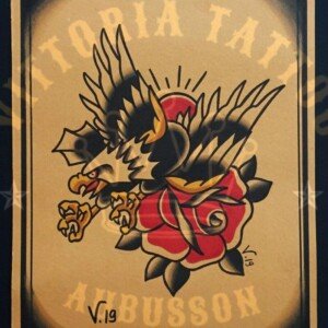 flash tattoo old school couleur – aigle et rose – vittoriatatto