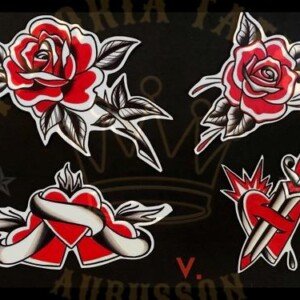 flash tattoo old school couleur – roses, cœur ailé et dague – vittoriatattoo