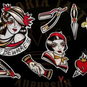 flash tattoo old school couleur – femmes, lames et cœur transpercé – vittoriatattoo