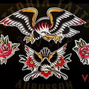 flash tattoo old school couleur – aigles et roses – vittoriatatto