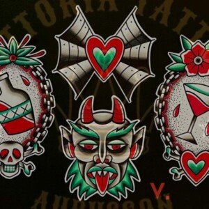 flash tattoo traditional – bouteilles, cocktail et tête de démon