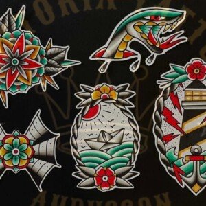 flash tattoo old school couleur – phare, bateau en papier, serpent et fleurs – vittoriatattoo