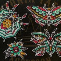 flash tattoo old school couleur – araignée, toile et papillons – vittoriatattoo