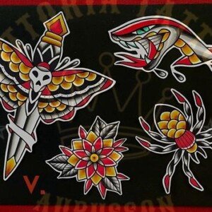 flash tattoo old school couleur – papillon, serpent, araignée et dague