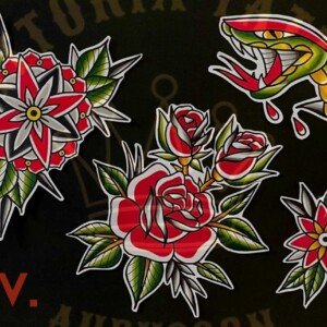 flash tattoo old school couleur – roses, serpent et fleurs – vittoriatattoo