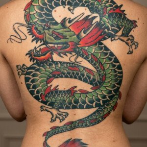Japanese dragon back tattoo covering the entire back, traditional style, done at Vittoria Tattoo Shop in Aubusson.